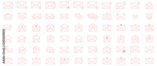 Mail and email outline icon set, envelope message inbox and attachment vector icons isolated on transparent background