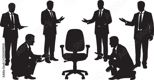 Tableau sur toile Black Solid HR Managers Gesturing Chair Silhouettes Set of Six on White Backgrou