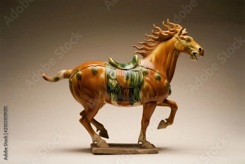 Glazed ceramic horse figurine with intricate saddle and vibrant colors, depicted in mid-gallop