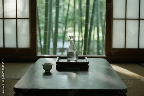 Traditional Japanese tea set on a low table with bamboo forest visible through shoji screens