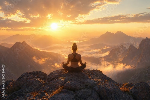 Young woman meditating on a mountain at dawn, spiritual well-being and peace