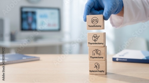 Medical procedures wooden blocks with surgical terms and icons on a desk in a clinic