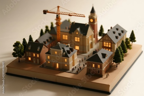 Miniature model of a town with illuminated houses, a clock tower, and a construction crane on a book base