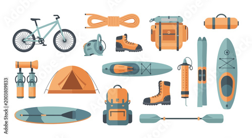 Set of Outdoor Camping and Sports Equipment Accessories. EPS Editable. Vector Illustrations.