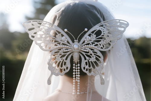 Bride wearing an ornate butterfly hair accessory with pearls and lace, viewed from behind under a veil