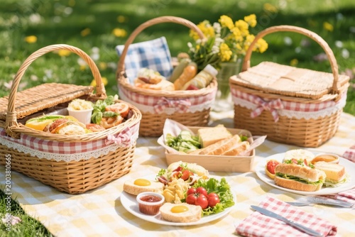 Picnic setup with wicker baskets, sandwiches, salads, and fresh food on a checkered blanket in a sunny park