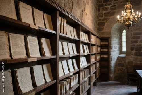 Old manuscripts displayed on wooden shelves in a stone-walled library with a chandelier and arched window