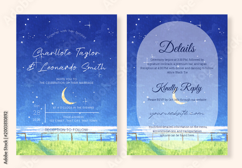 Photos Watercolor Beach Wedding Invitation Template Set, Coastal Ocean Themed Marriage