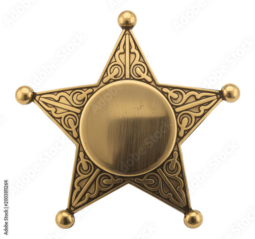 Vintage style golden sheriff star badge with ornate metal engravings isolated on white background