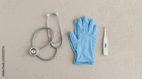 Doctor tools and blue gloves on table Generative AI