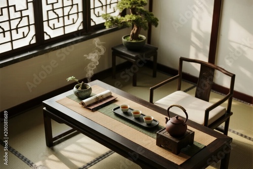 Traditional tea ceremony setup in a serene Japanese-style room with wooden furniture, tatami flooring, and natural light.