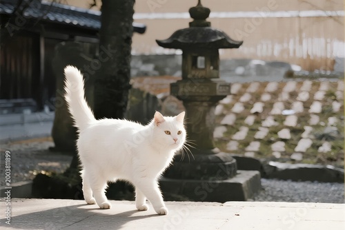 A white cat walking on a stone surface near a traditional stone lantern in a serene outdoor setting