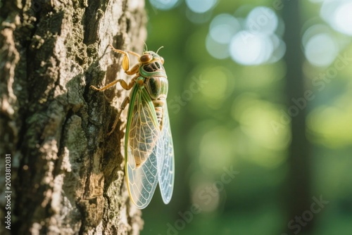 A cicada perched on a tree bark in a forest setting with blurred green background