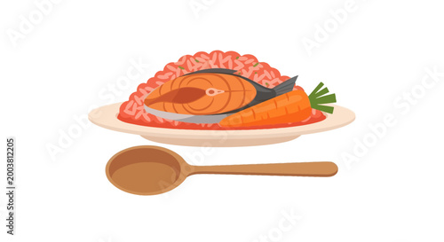 A healthy meal with a delicious salmon fillet and fresh carrot garnish, served on a plate with a wooden spoon, representing wholesome and nutritious dining