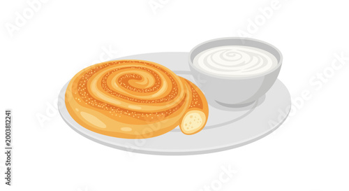 Illustration of a sweet cinnamon spiral pastry, golden-brown and sugar-dusted, served on a plate with creamy white dip. A delicious breakfast or dessert treat