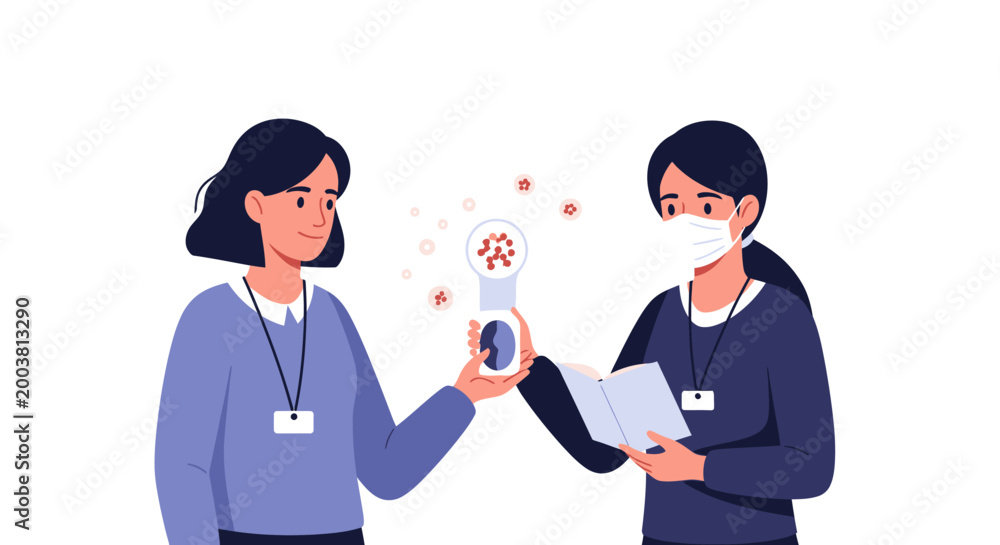 Fototapeta premium Two colleagues performing a medical checkup and health screening in the office. EPS Editable. Vector Illustrations.