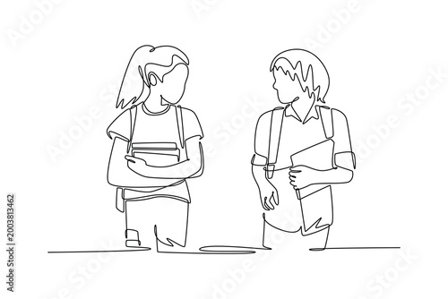 Boy and girl little pupils classmates schoolchildren students talking. Activity School concept. Single line draw design. Vector graphic illustration