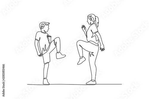 elementary students having PE class with their sports teacher. Activity School concept. Single line draw design. Vector graphic illustration