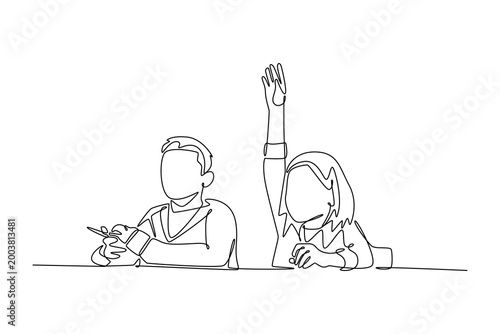 Excited hispanic little girl raising hand in elementary classroom. Activity School concept. Single line draw design. Vector graphic illustration
