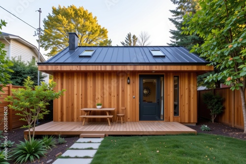 Modern cedar-clad tiny house with metal roof and deck in landscaped backyard.