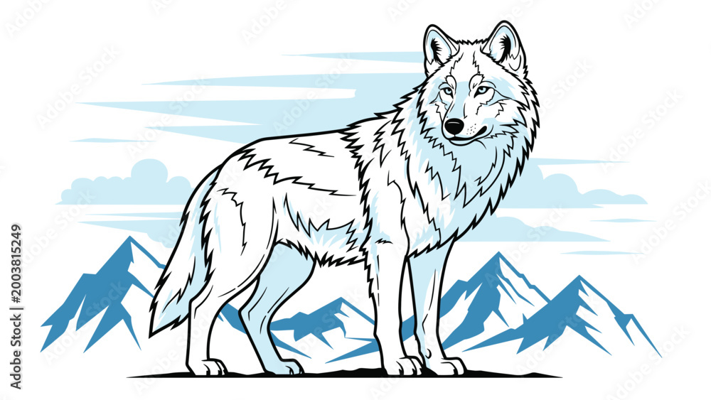 Obraz premium Majestic white wolf stands proudly against a backdrop of snow-capped blue mountains and white clouds in this serene winter wilderness.