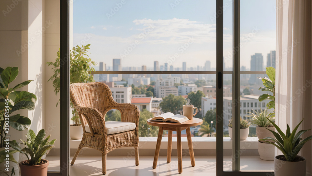 Fototapeta premium Inviting Balcony with Wicker Chair, Coffee, Book, and City Skyline View