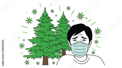Illustration of a man wearing a medical face mask to protect against seasonal cedar pollen and allergic reactions.