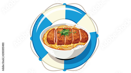 Bowl of tasty katsudon pork cutlet over rice placed inside a blue and white lifebuoy ring on a white background.
