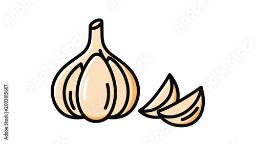 Whole garlic bulb with two separated cloves shown in a clean vector style with thick black outlines and soft beige colors.