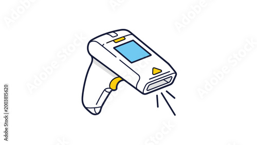 Portable handheld barcode scanner or digital thermometer device icon with a blue screen and yellow trigger button on white.