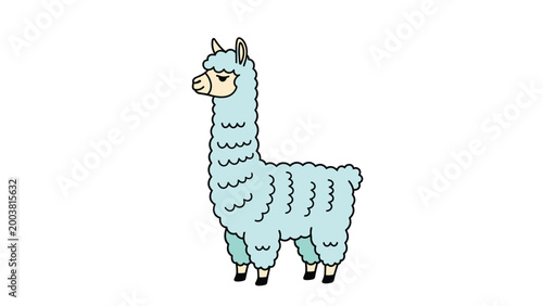 Cute cartoon alpaca or llama with fluffy light blue wool and a calm expression standing sideways on a clean white background.