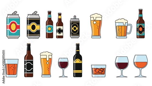 Set of various alcoholic beverage containers including beer cans glass bottles pint glasses wine glasses and whiskey with ice.