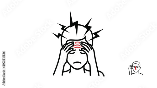 Simple line drawing of a person suffering from a severe headache or migraine with lightning bolt symbols around their head.