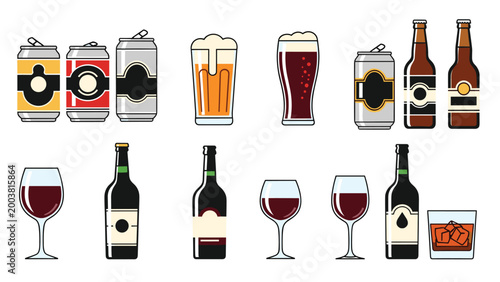 Diverse collection of alcoholic beverages including beer cans, glass bottles, wine glasses, and a glass of whiskey on ice.