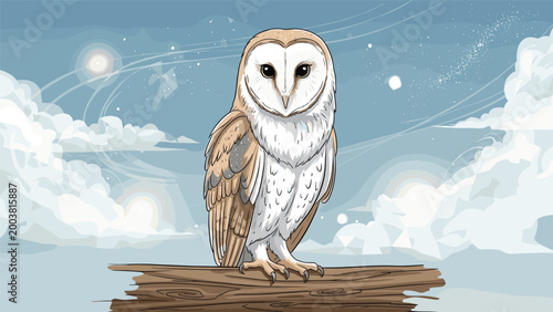 Barn owl with distinctive heart shaped face and speckled wings perched on a wooden branch under a starry night sky with soft clouds behind.