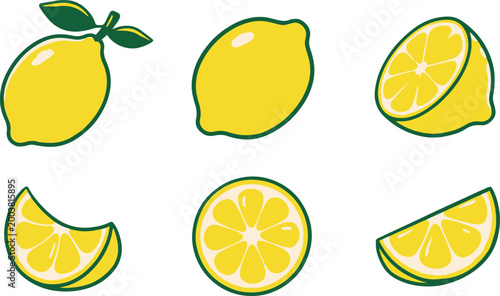 Set of yellow lemon fruit illustrations with green leaves and sliced citrus pieces.