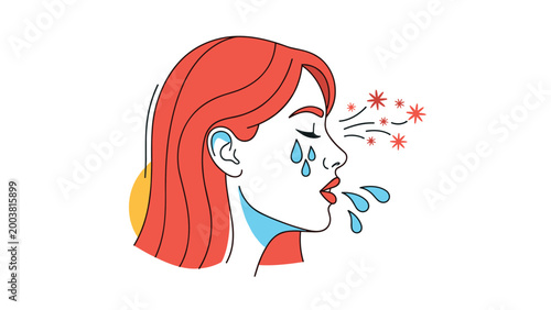 Profile of a woman with long red hair sneezing or crying with blue water droplets and red star symbols representing allergies or sickness.