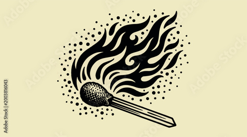 Hand drawn matchstick burning with fire illustration isolated on vintage background.