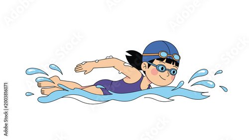 Young girl wearing a purple swimsuit and blue goggles swims happily through the water with splashes all around her in this scene.