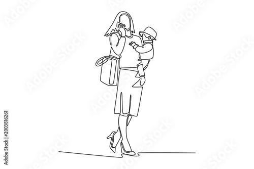 woman going to work with baby in her hands. working family concept. Single line draw design. Vector graphic illustration