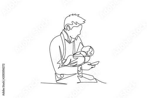 Working Father Holding Baby And Checking smartphone. working family concept. Single line draw design. Vector graphic illustration