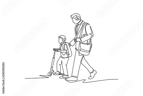 Working Father Walking Son On Scooter To School. working family concept. Single line draw design. Vector graphic illustration