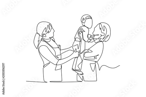 Working mom taking children to kindergarten. working family concept. Single line draw design. Vector graphic illustration
