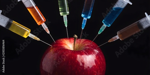 Apple Injected with Syringes Representing Food Safety Genetic Modification Chemical Treatment and Health Risk Concept