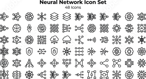 Neural Network Icon Set Featuring AI Models, Deep Learning, Data Connections, Nodes, Algorithms and Machine Intelligence Concepts