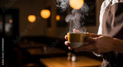 Barista serving hot steaming coffee in a ceramic mug in a dimly lit cafe or restaurant setting