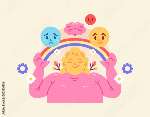 Illustration of a woman looking calm and happy. Feeling peaceful, safe, and relaxed. Mental or psychological health, emotional stability and balance. Feelings of sadness, anger, and joy. Beautiful