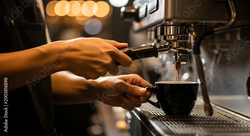 Barista preparing espresso coffee using professional machine, closeup on hands pouring dark beverage into black cup in dimly lit cafe