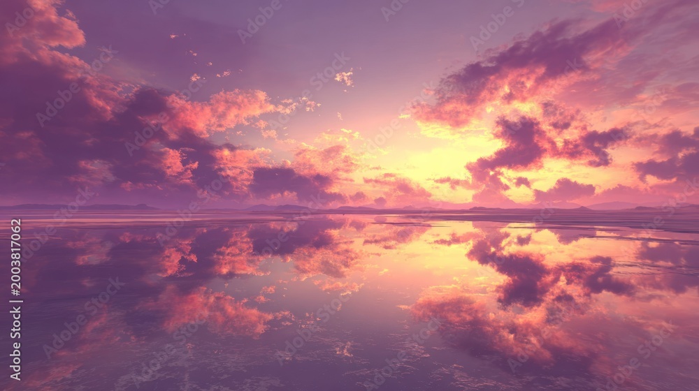 Fototapeta premium Vibrant sunset colors reflect intensely upon a vast, flat body of water.