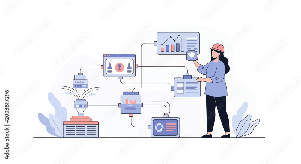 Fototapeta premium A female engineer managing data workflows and technical systems in a digital workspace. EPS Editable. Vector Illustrations.